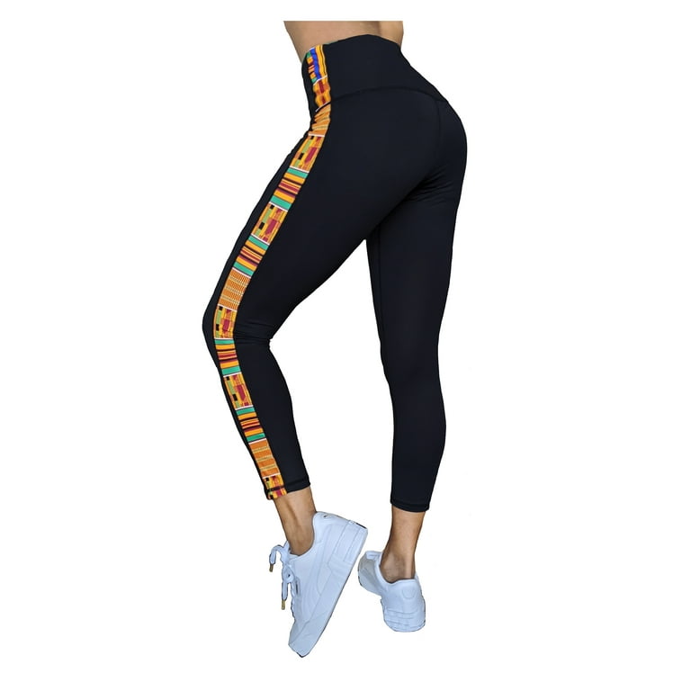 Washoge Esi Kente African Print Women's High Waist Yoga Tights / Pants  Workout Leggings with Pockets (XS-2X) 