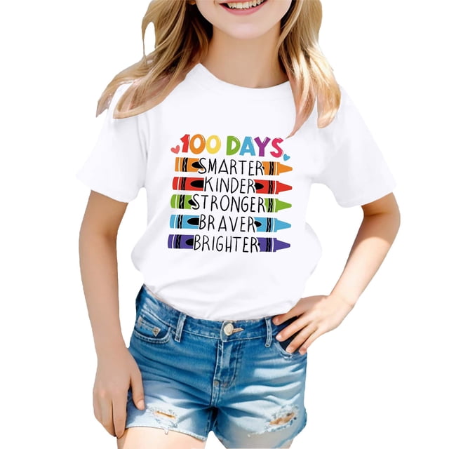 T-shirts Filles Retour à l'École Imprimé Col Rond Manches Courtes Décontractées Hauts Filles Blanc 6-7 Ans
