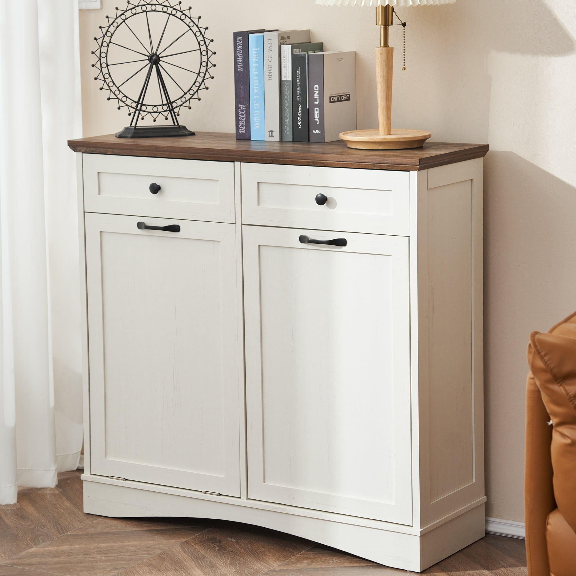 HARIPUL 13 Gallon Tilt Out Trash Cabinet Waste Bins Hidden Trash Bin with Drawer & Adjustable Shelf & for Kitchen, Antique White