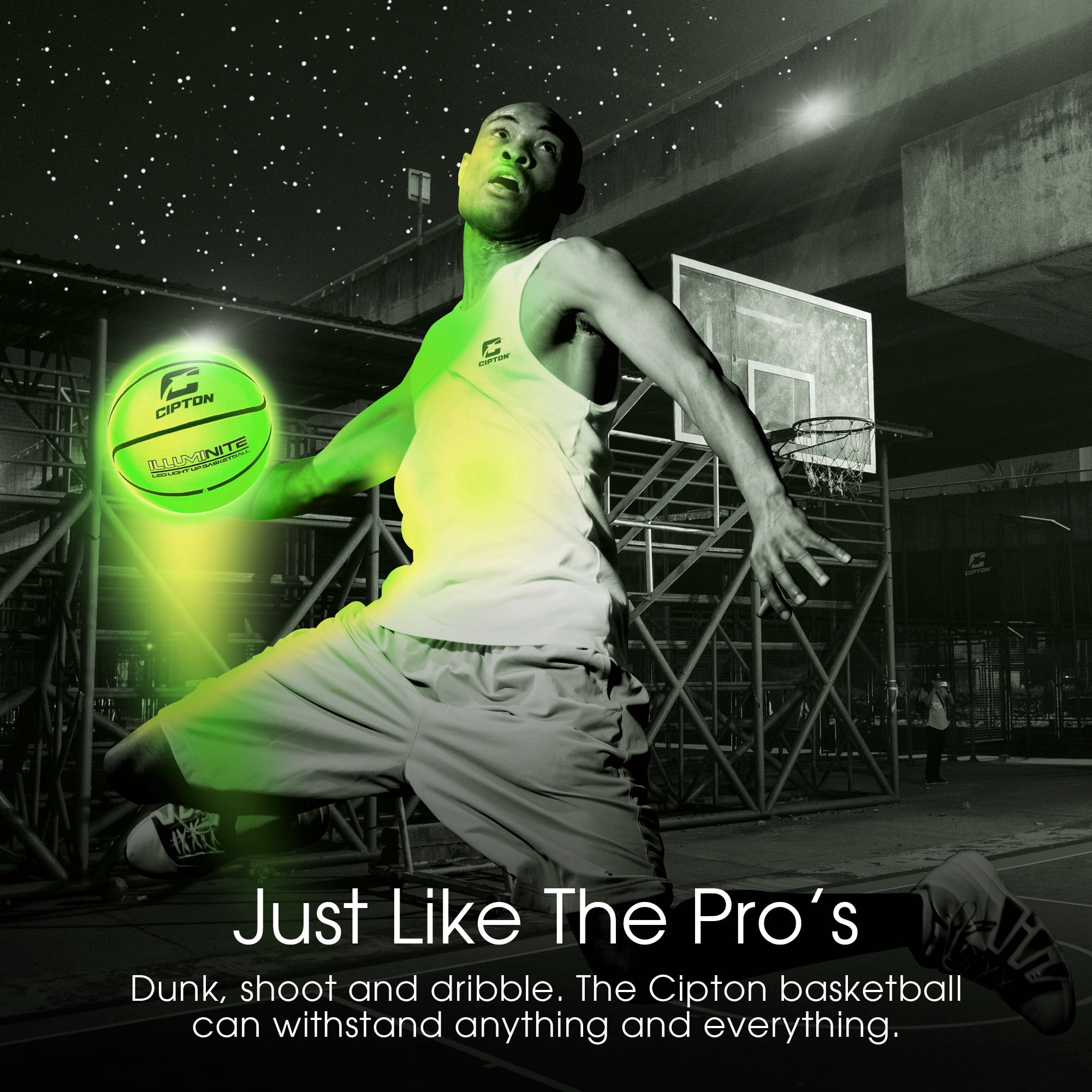 CIPTON Illuminite LED Light Up Basketball, Size 7 (29.5”) Indoor/Outdoor Premium Rubber Ball, Impact-Activated LEDs, Water Resistant, Neon Green