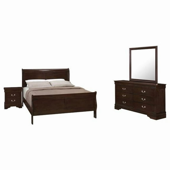 Benjara BM328665 Nim Bedroom Set - Dresser - Sleigh Headboard, Cappuccino Brown & Nickel - Full Size - 4 Piece
