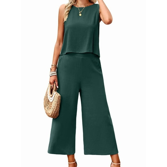 Women'S Summer 2 Piece Outfits Set Round Neck Sleeveless Tank Crop Top Wide Leg Pants Set with Pockets Dark Blue M