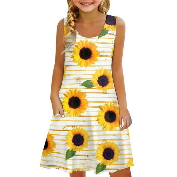YunPes Girls Dress Summer Sleeveless Comfortable Casual Dress Floral Print Children's Wear Vest Dress with Pockets Kid Rompers for Girls