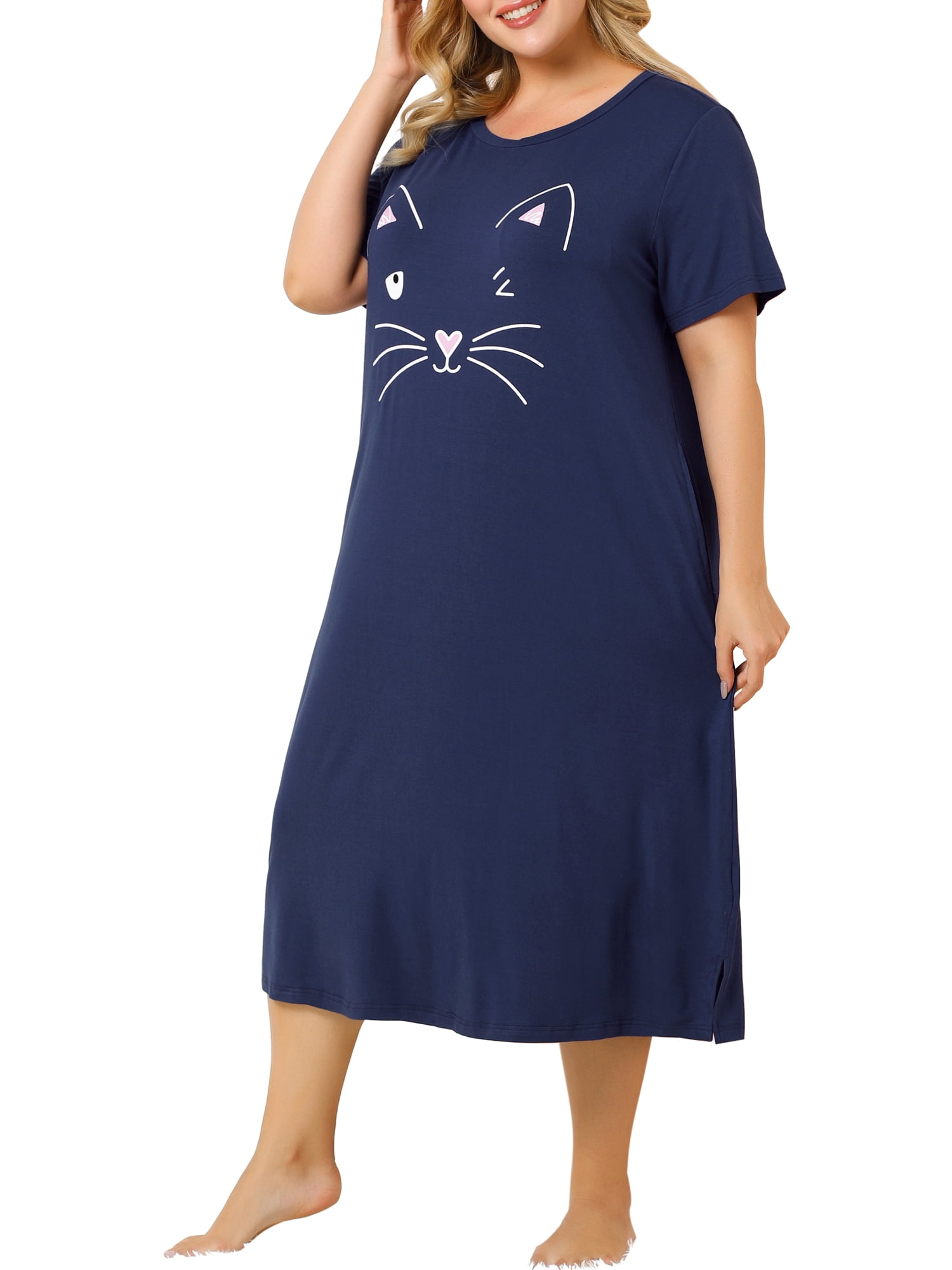 Unique Bargains Women's Plus Nightgown Short Sleeve Cat Print Nightshirt