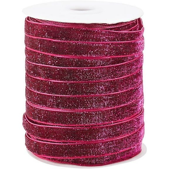 50 Yards(45.72m) Single Face Sparkle Ribbon 3/8inch Wide Deep Pink Metallic Glitter Ribbon Velvet Trim Polyester Nylon Ribbon Roll for Christmas Tree Wreaths Decor Gift Wrapping