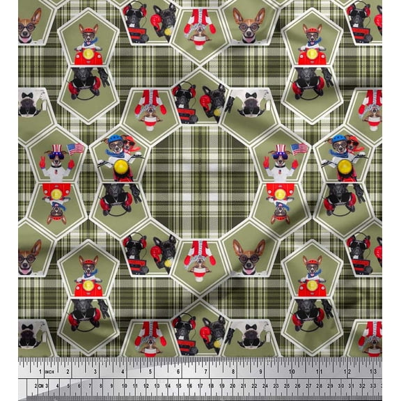 Soimoi Rayon Fabric Check,Geometric & Dogs Patchwork Print Fabric by The Yard 56 Inch Wide