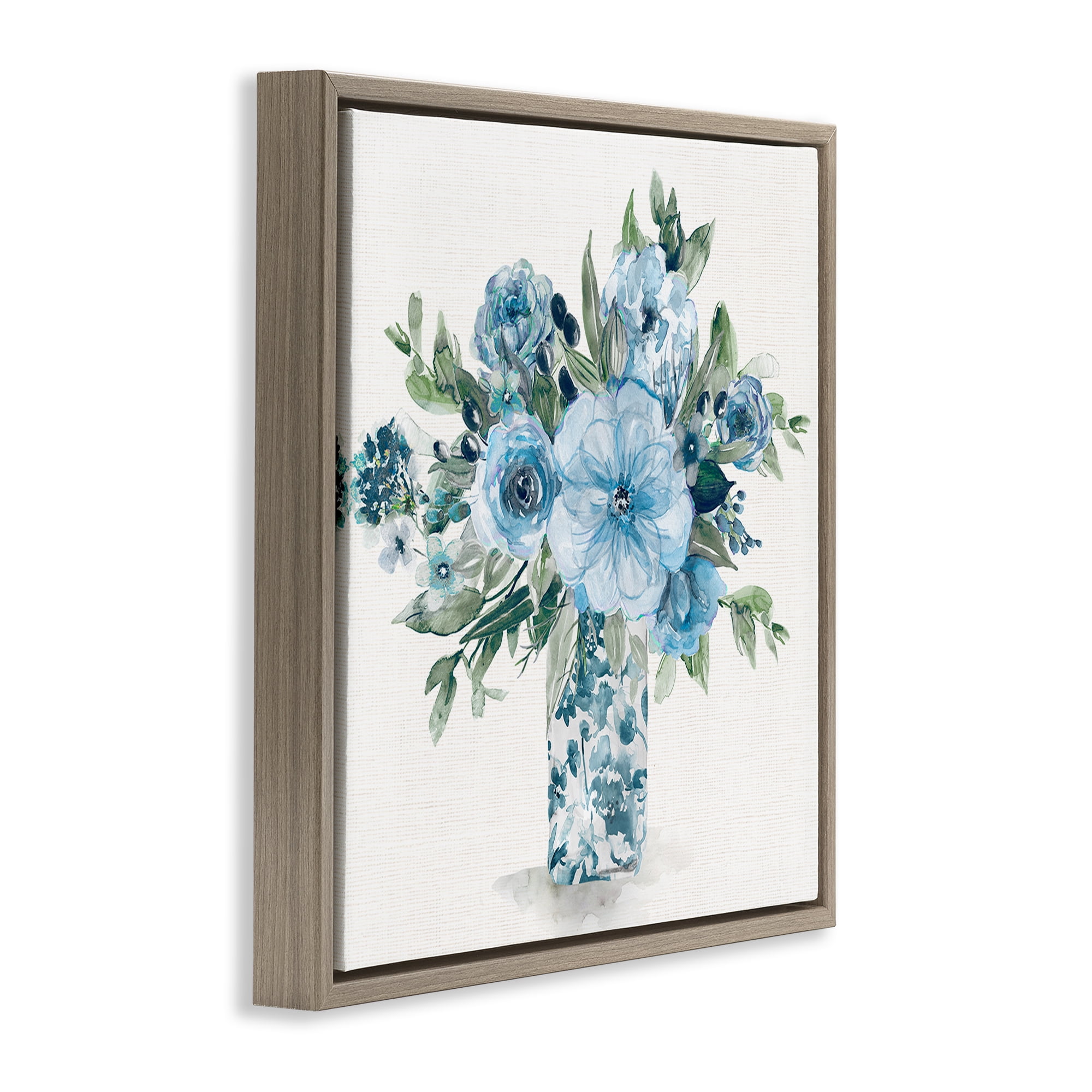 Stupell Industries Pastel Blue Bouquet Foliage Brown Framed Floater Canvas Wall Art, design by Carol Robinson