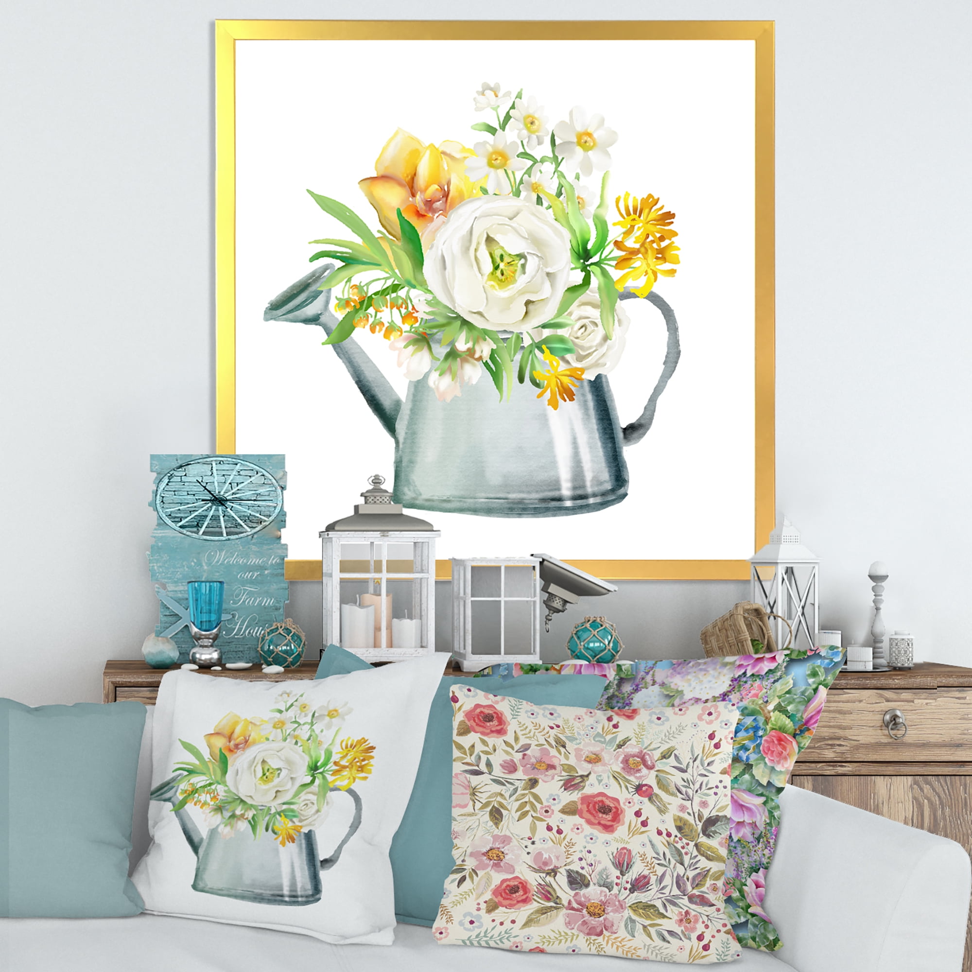Marigolds Roses and Peonies In Garden Watering Can 36 in x 36 in Framed Painting Canvas Art Print, by Designart