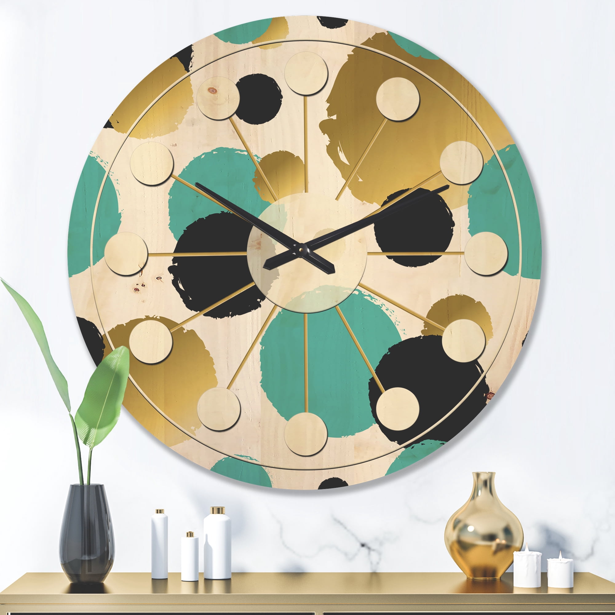 Designart 'Blue and Gold Circles ' Mid-Century Modern Wood Wall Clock