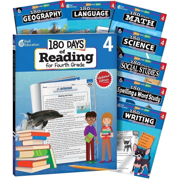 180 Days™: Practice Workbooks for Fourth Grade: Reading 2nd Edition, Writing, Spelling, Language, Science, Math, Social Studies, and Geography