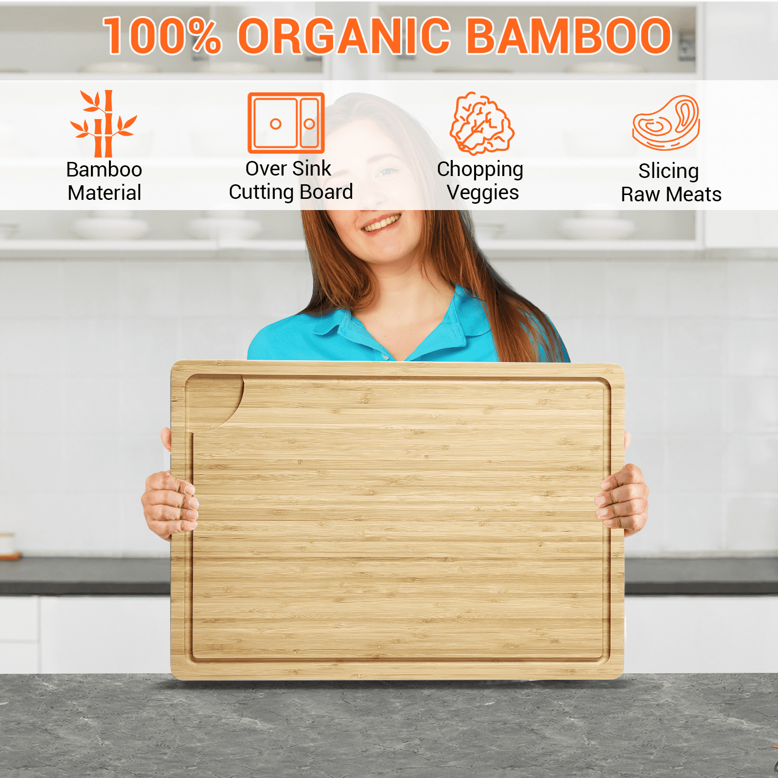 JoanKaren 20"x14" Large Bamboo Cutting Board,Wood Chopping Board with Juice Groove & Handles with Juice Groove & Handles