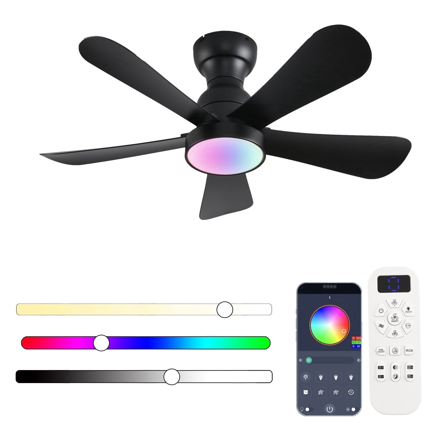 42 Inch Black Ceiling Fans with Lights and Remote/App Control, Flush Mount Ceiling Fan with RGB Dimmable Light, Noiseless Modern Small Ceiling Fan for Bedroom Indoor/Outdoor