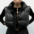 thumbnail image 3 of Women PU Puffer Vest Solid Color Stand Collar Quilted Waistcoat Fall Winter Padded Jacket Coat, 3 of 7