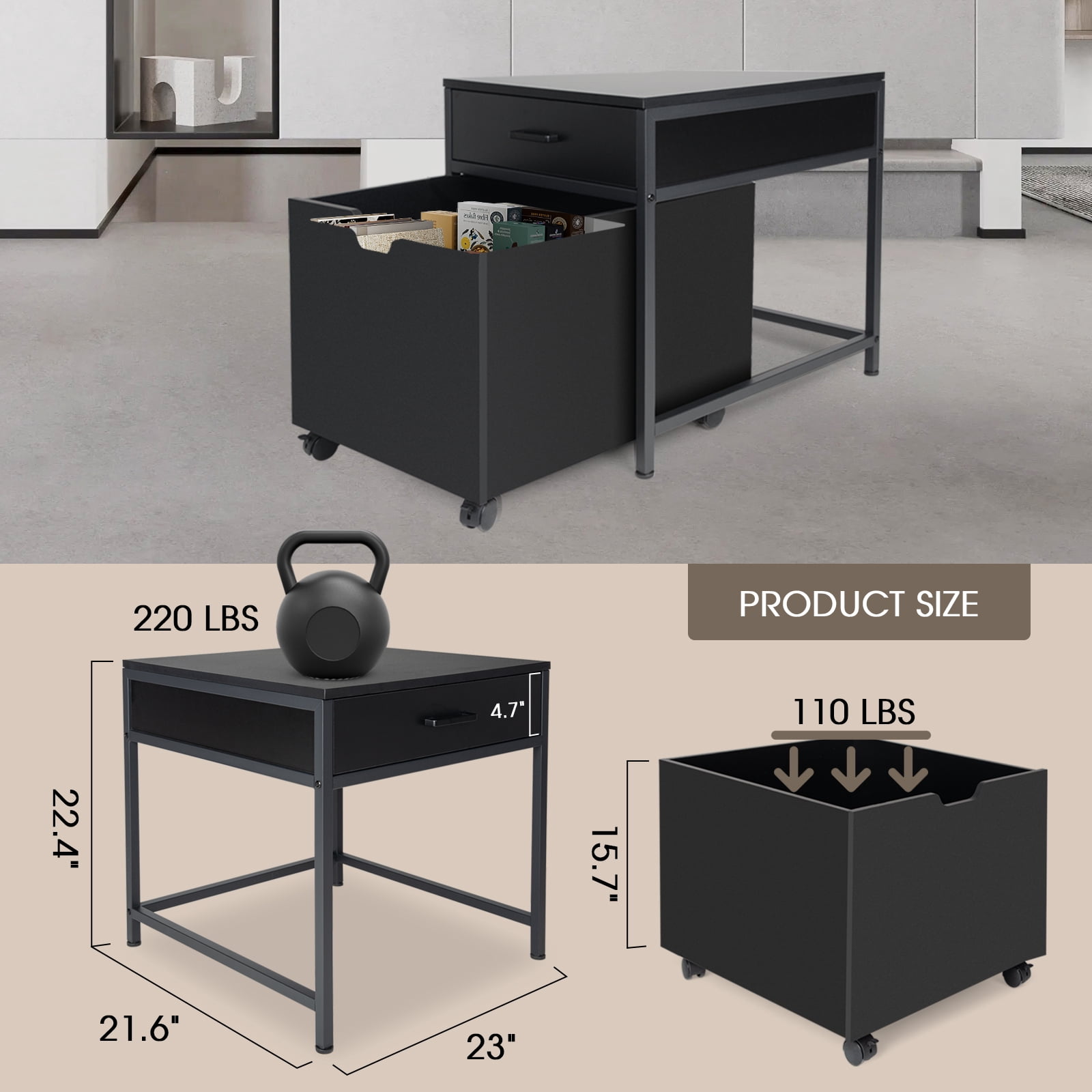 Mini Fridge Stand with Storage, Heavy Duty Mini Fridge Table with Rolling Cabinet 220LBS Capacity Tabletop for Dorm, Apartment,Office, Bedroom