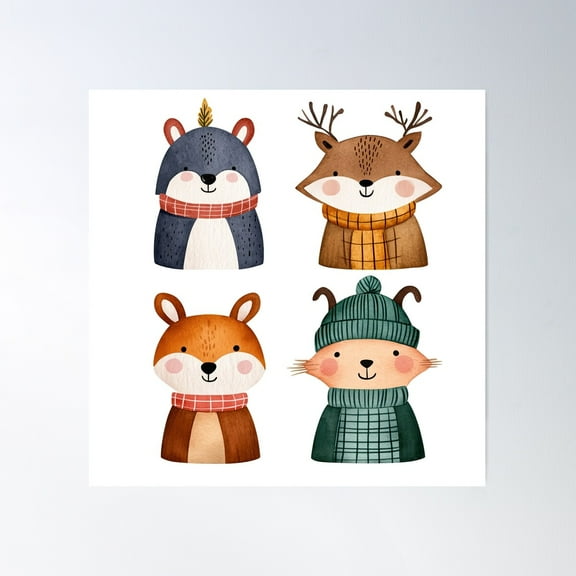 Cute Woodland Animals In Cozy Winter Scarves Poster Wall Art, Modern Wall Decor For Living Room Bedroom, 8x12 UNFRAMED