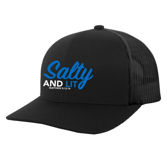 Trenz Shirt Company Christian Salty And Lit Matthew 5:13-14 Embroidered Blue & White Mens Adjustable Snapback Mesh Back Trucker Hat, Black/Black
