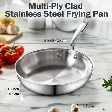 8-Inch Stainless Steel Frying Pan with Lid, Multi-Ply Clad Wok Stir Fry Pan for Induction Gas Electric