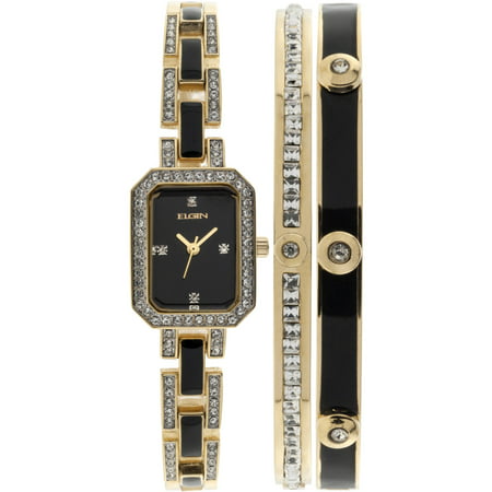 Elgin Women's Black- and Gold-Tone Black Dial Crystal Accented Bracelet Watch Set