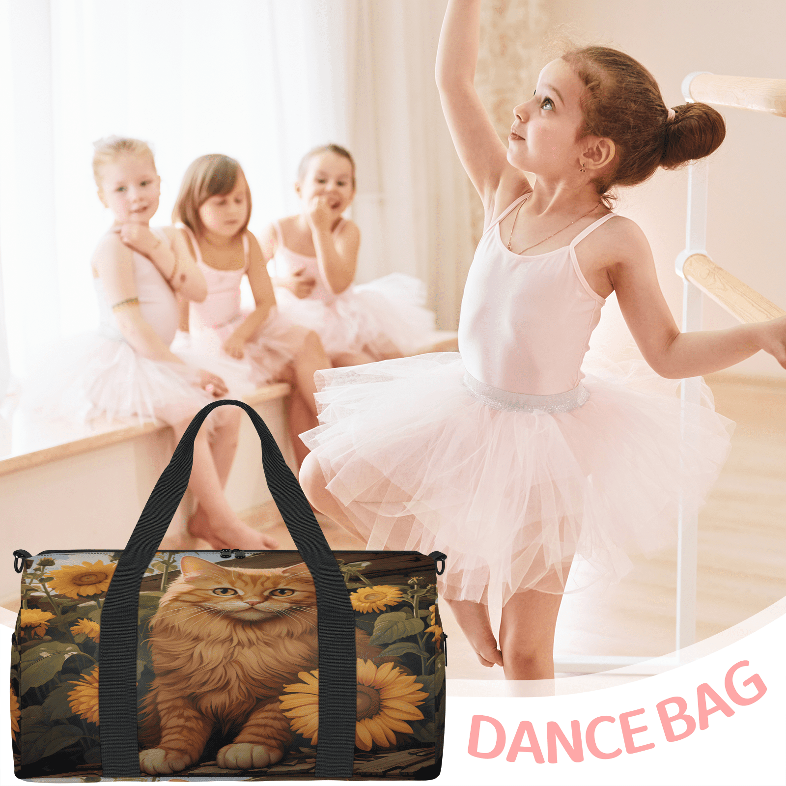 Herdesigns Yellow Cat Sunflower Gym Bag for Women, Duffle Bag for Travel Sport, Lightweight Waterproof Carry on Weekender Overnight Dance Yoga Workout Bags