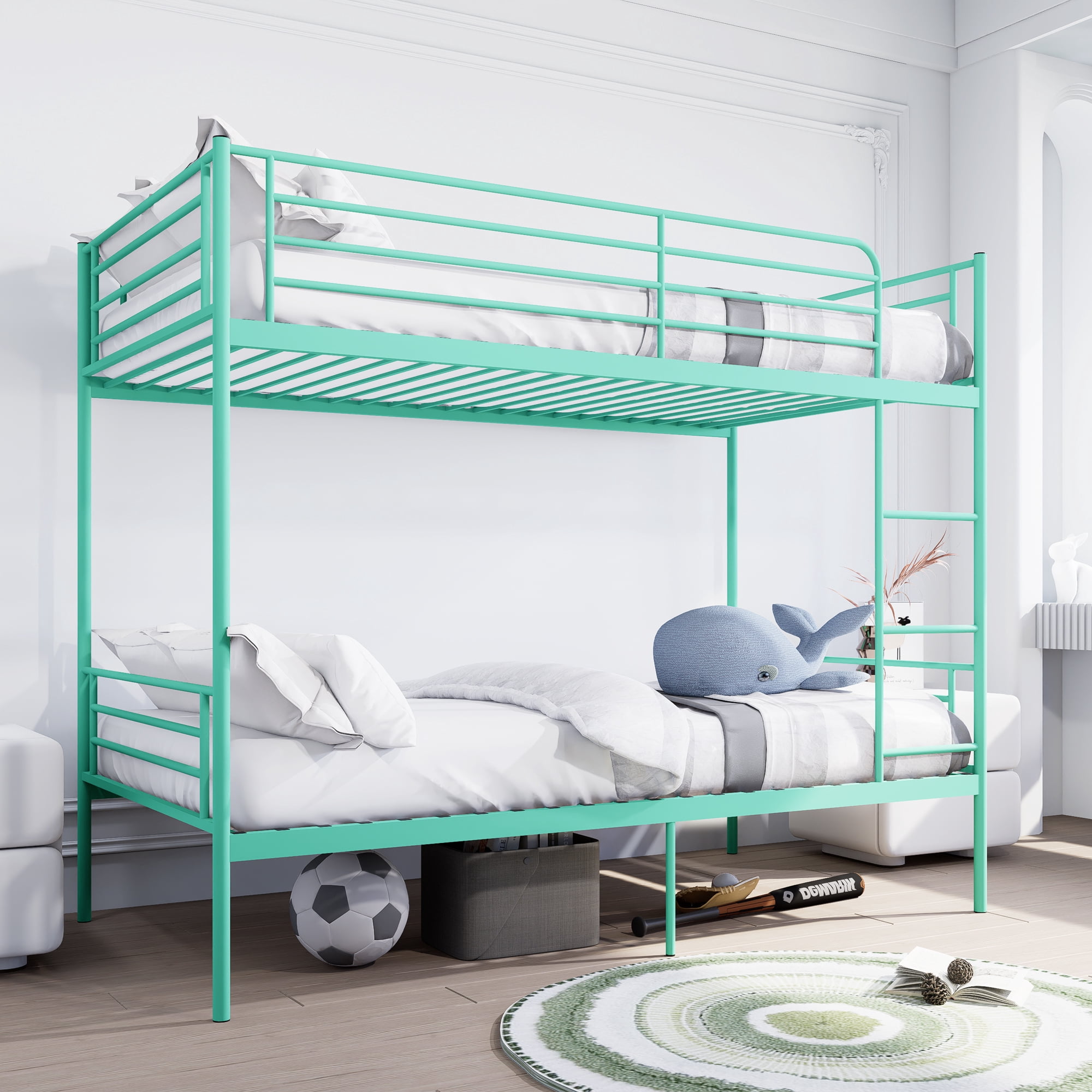 Leumius Twin over Twin Bunk Bed,Metal Bed Frame with Ladder and Guardrail,Noise Free,Easy Assemble,Able to Split 2 Bed,Green
