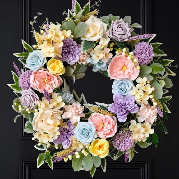 Idyllic Spring Summer Wreath for Front Door 22 Inch Artificial Floral Wreath with Roses Peonies Hydrangeas Leaves for Door Wall Decoration Wedding Party Home Farmhouse Decoration
