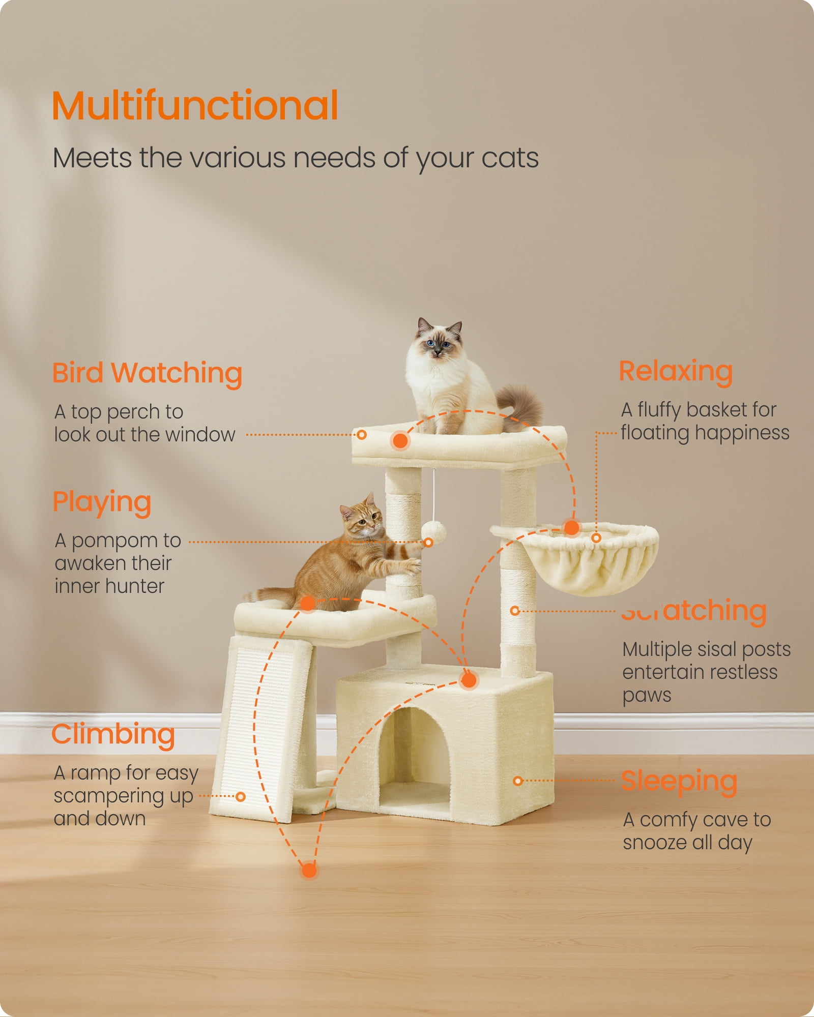 Feandrea Cat Tree, Cat Tower Condo with Scratching Posts and Ramp, 2 Large Perches, Cave, Basket, 33.8 Inches Tall, Summer Sand