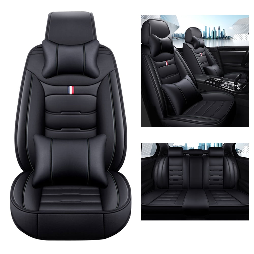 Maidao Car Seat Covers Full Set,Faux Leather Seat Covers for Cars SUV,Breathable,Full Wrapping Edge,Universal Automotive Seat Covers Fit for Most Sedans with Headrest Black