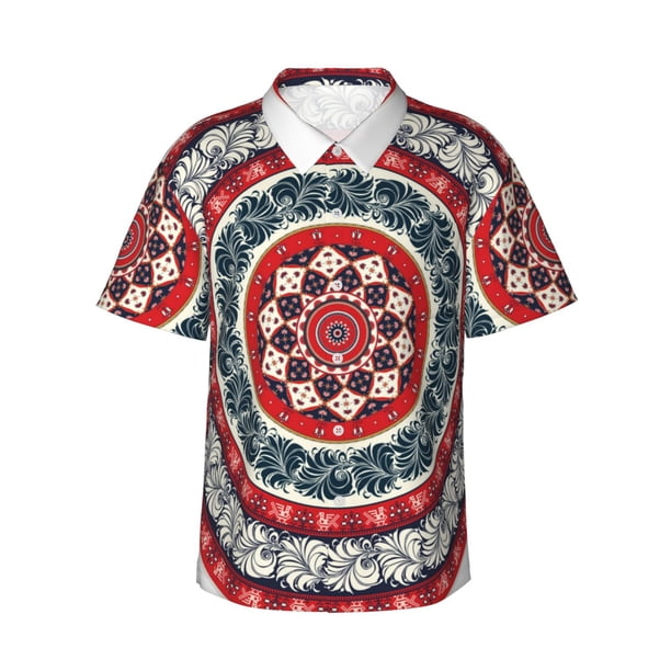 Balery Round Design Camisas hawaianas de manga corta para hombre, camisas playeras de corte holgado, camisas de vacaciones con botones,Large