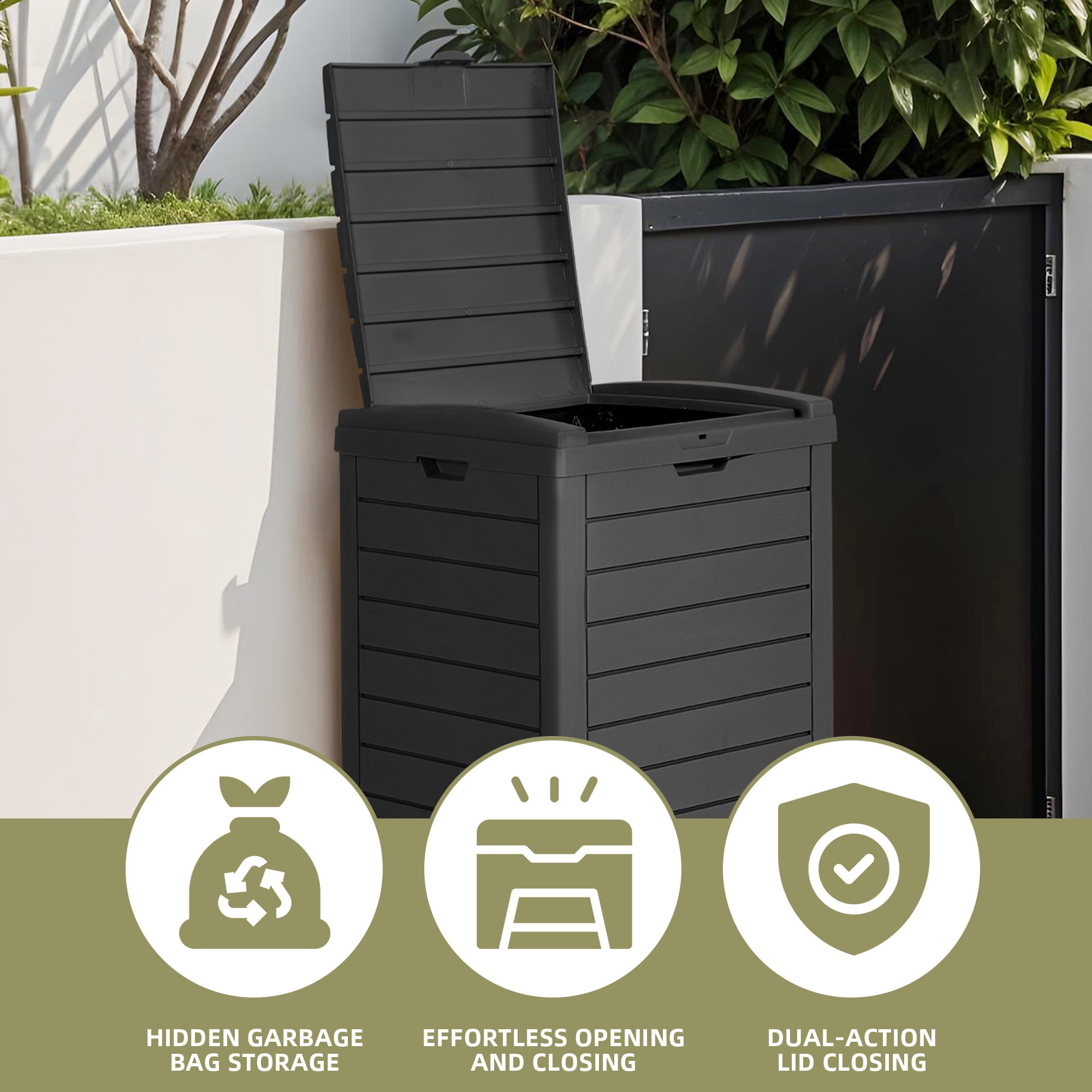 Uforic 31 Gallon Large Outdoor Trash Bin, Waterproof Resin Garbage Can with Lid & Drip Tray, Black Waste Container for Porch & Backyard