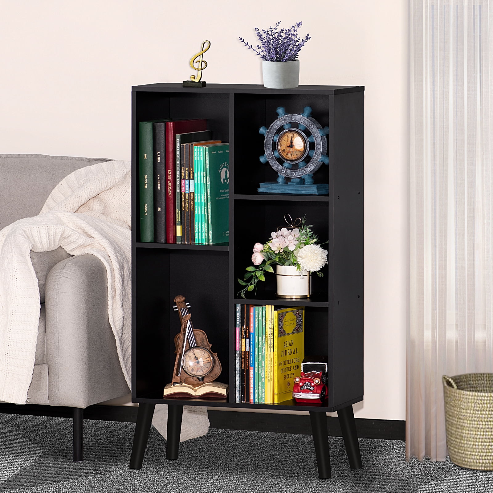 LELELINKY 5 Cube Open Shelf 5-Cube Storage Organizer Standard Wood Bookcase Bookshelf Wall Shelf 38" Tall Narrow Bookcase Display Stand Home Office, Black