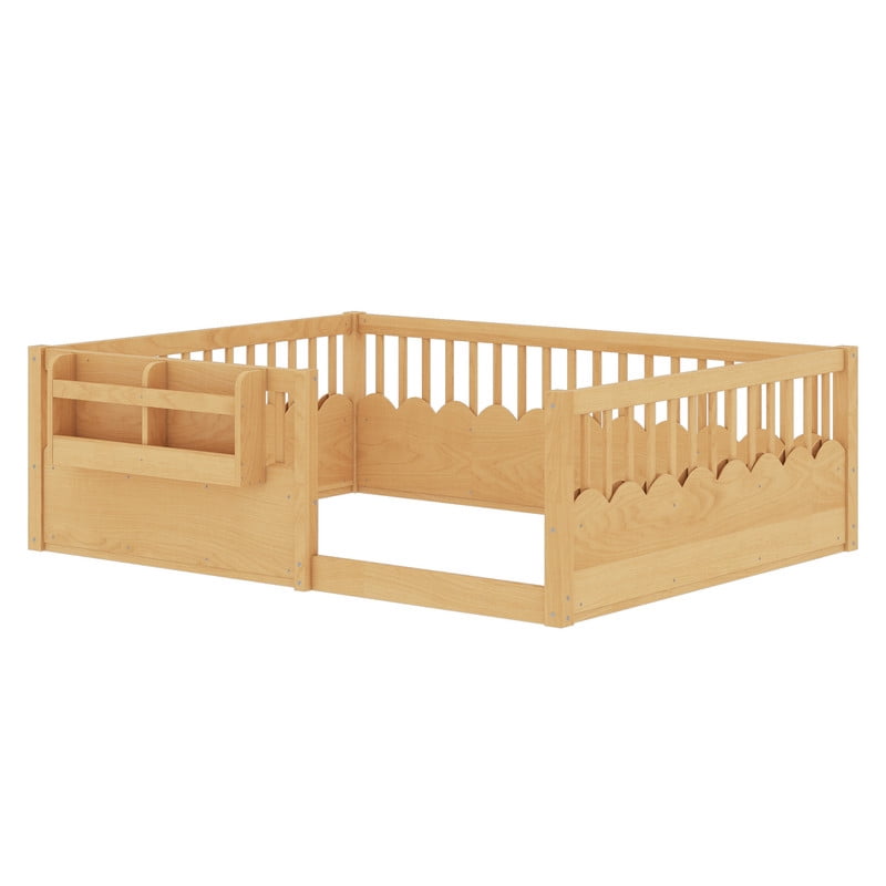 Full Size Floor Bed with Heightened Fence, Kids Platform Bed Frame with No Slat, Montessori Storage Bed with Bookshelf