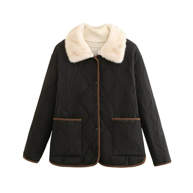 HAiming Womens Quilted Jacket Oversized Button Lapel Collar Fleece Lined Winter Warm Outerwear Coat with Pockets