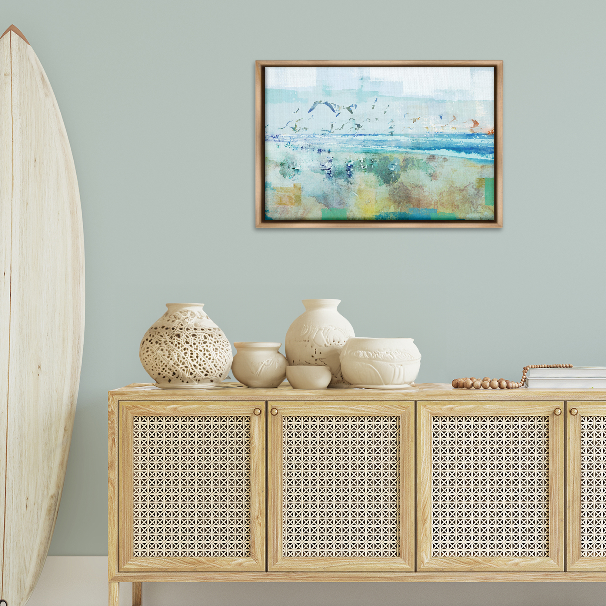 Stupell Industries Abstract Birds Over Beach Abstract Painting Brown Floater Framed Canvas Art Print Wall Art, 31 x 21