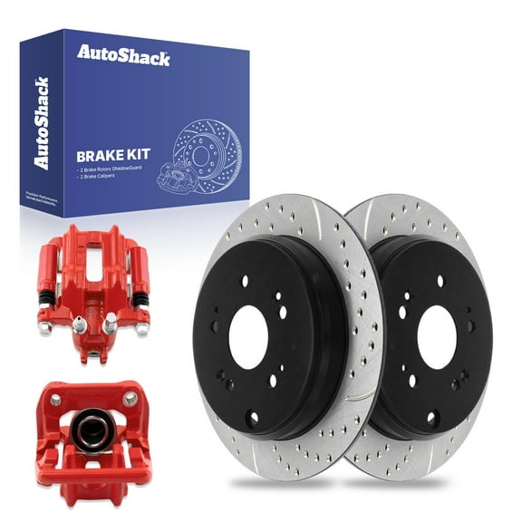AutoShack Rear Drilled & Slotted Brake Rotors Calipers Red|Replacement for 2007-2011 Honda CR-V 2007-2012 Acura RDX | E-Coated | 4-PC Brake Kit | ShadowGuard