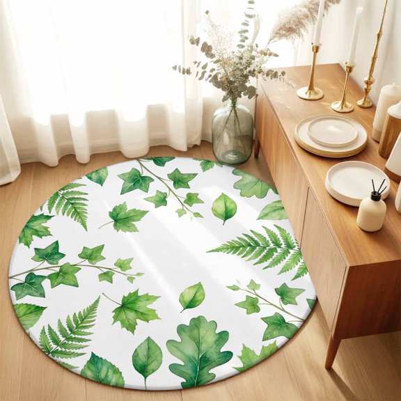 Round Rugs 5Ft, Green Botanical Round Area Rug Washable Indoor Throw Carpet, Spring Ivy Ferns Leaves Plants Soft Non Slip Circle Rug for Cabinet Bathroom Home Decor Aesthetic