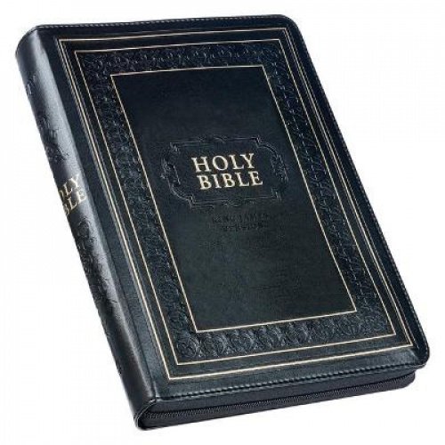 KJV Sainte Bible, Impression Géante Pleine Grandeur Faux Cuir W / Pouce Index & Ruban Marqueur, Édition Lettre Rouge, Version King James, Noir, Fermeture à Glissière