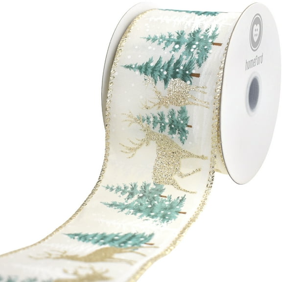 Homeford Christmas Snowy Trees Reindeer Satin Wired Ribbon, Ivory, 2-1/2-inch, 10-yard