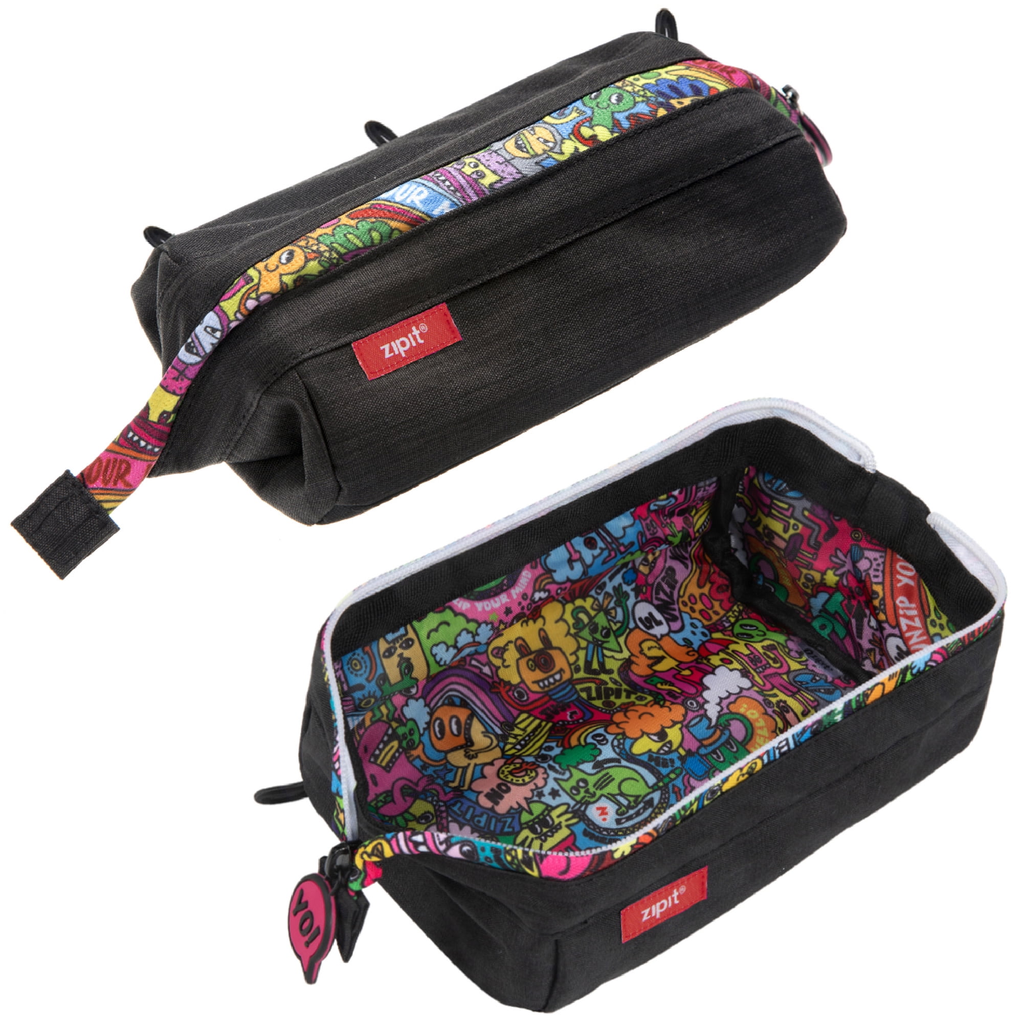 ZIPIT: Lenny Pencil Case - Black & Doodles - Large Storage Capacity Zipper Pouch, Makeup-Stationery Bag, School, Washable Polyester, Kids-Teens-Adults