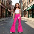thumbnail image 6 of LRen Girls Uniform Pants Flare Leg Pink Ribbon Wide Leg Pants Elastic Waist Bell Bottom with Pockets Casual Trousers for Tween Girls Age 11-12 Years, 6 of 6
