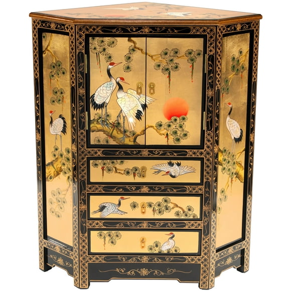 Oriental Furniture Gold Lacquer Corner Cabinet - Cranes