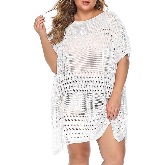 Womens Beach Cover Up Hollow Out, Plus Size Swimsuit Coverup Crochet Bathing Suit Cover ups Bikini Summer Beachwear Dress