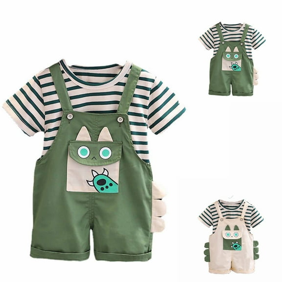 Uxgjfwu Infant Baby Boy Overall Tops Sets Striped Round Neck Short Sleeve Shirts Strap Overall Sets