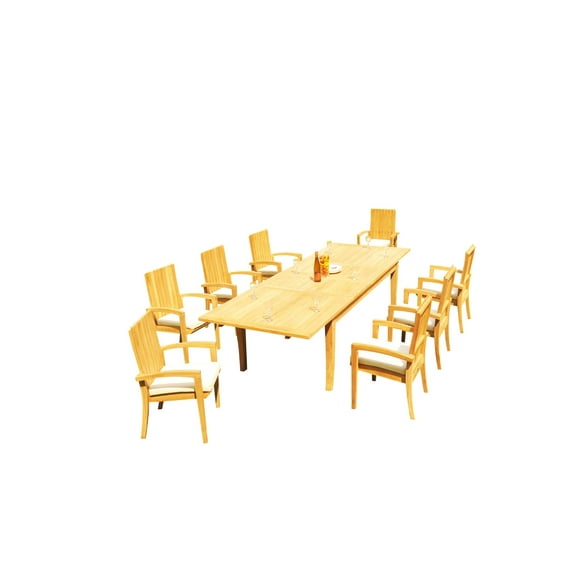 Grade-A Teak Dining Set: 8 Seater 9 Pc: 122" Atnas Rectangle Table And 8 Goa Stackng Arm Chairs Outdoor Patio WholesaleTeak #51GO2809