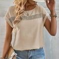 thumbnail image 4 of Besolor Women Short Sleeve T Shirts Crewneck Patchwork Hollow out Tops Solid Color Casual Loose Office Blouses for Summer, 4 of 6