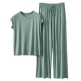 thumbnail image 1 of Women Homewear Solid Color Loose Pajamas Short Sleeve T Shirt Drawstring Wide Leg Pants Sleepwear 2 Piece Set, 1 of 6