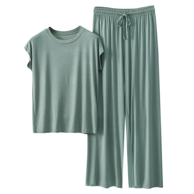 Women Homewear Solid Color Loose Pajamas Short Sleeve T Shirt Drawstring Wide Leg Pants Sleepwear 2 Piece Set
