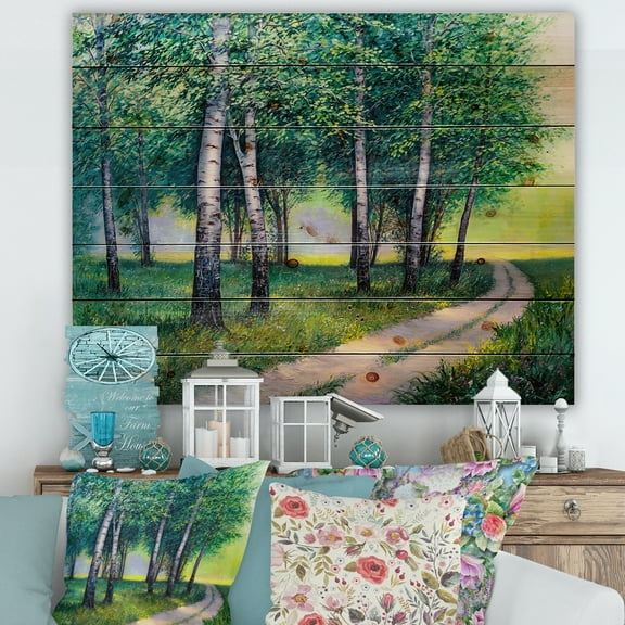 Designart 'Summer Forest Path By The Birches' Lake House Print on Natural Pine Wood