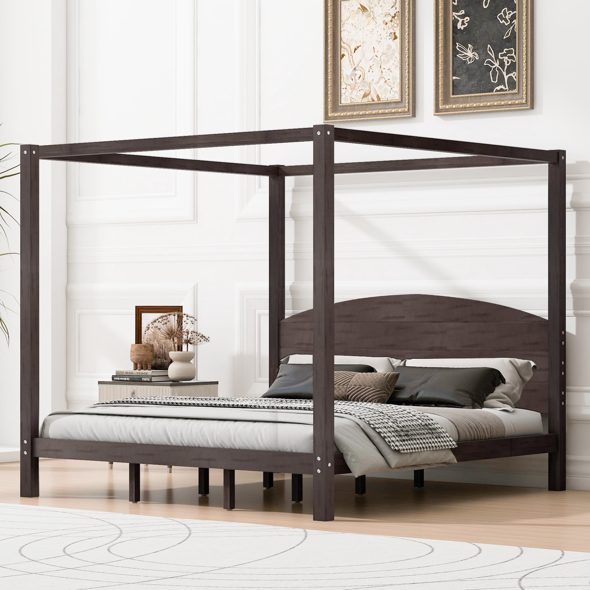 Harper & Bright Designs King Size Canopy Platform Bed with Headboard and Support Legs, Solid Wood 4 Post Canopy Bed Frame for Boys Girls Adult, Brown