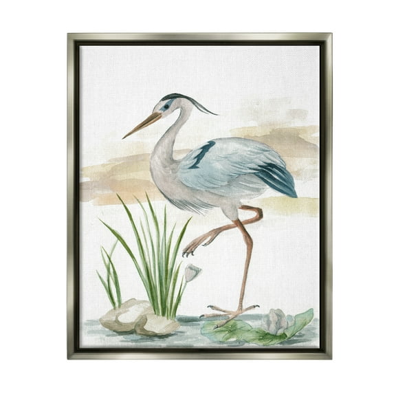 Stupell Industries Heron on Pond Painting Animals & Insects Painting Gray Floater Framed Art Print Wall Art, 17 x 21