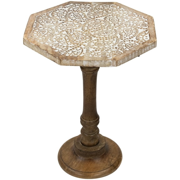 Northlight 21" Wooden Brushed White Engraved Paisley Octagonal Pedestal Side Table